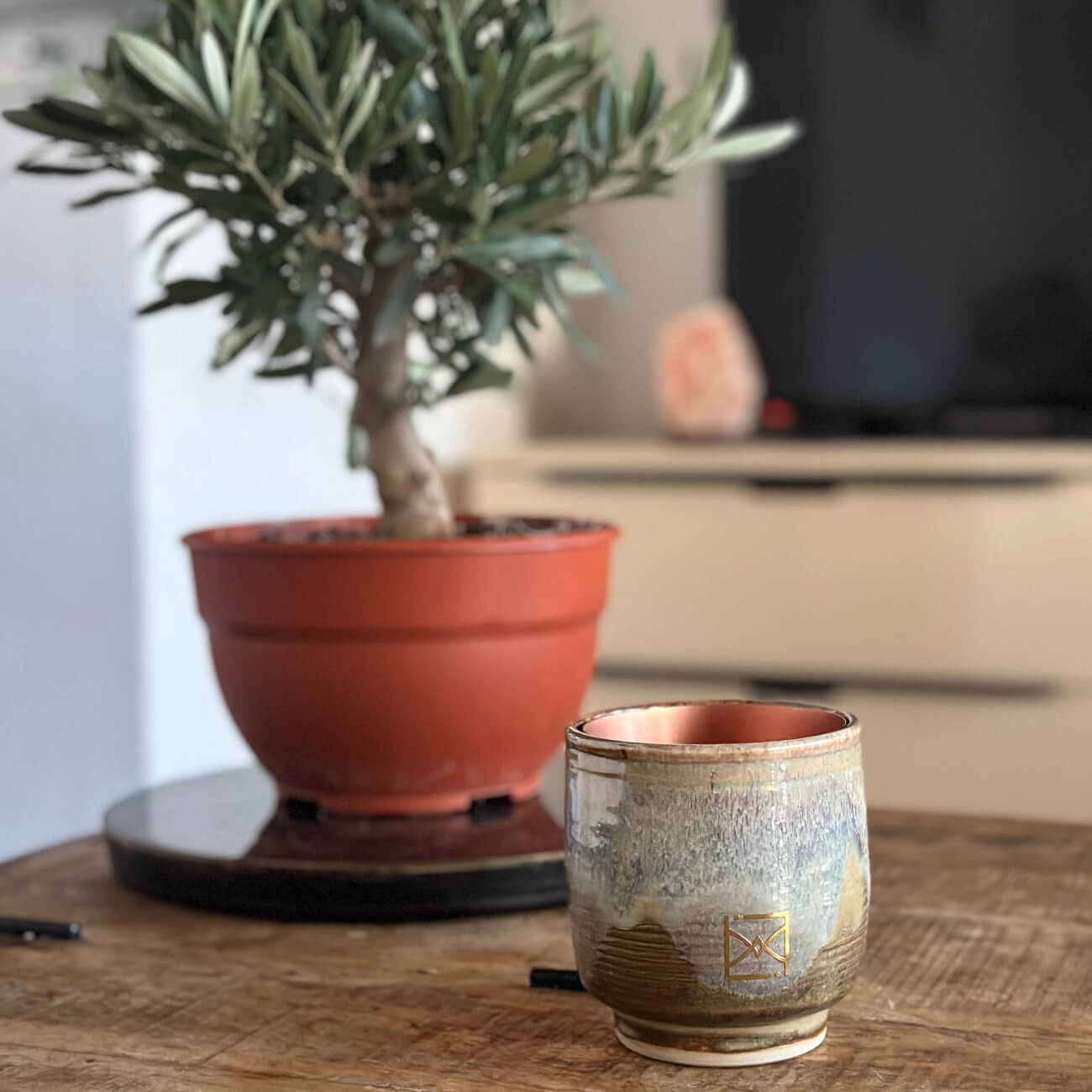 Bougie parfumée ERRA dans un vase en céramique artisanal, posée sur une table en bois avec un petit olivier en pot en arrière-plan, créant une ambiance chaleureuse et naturelle.