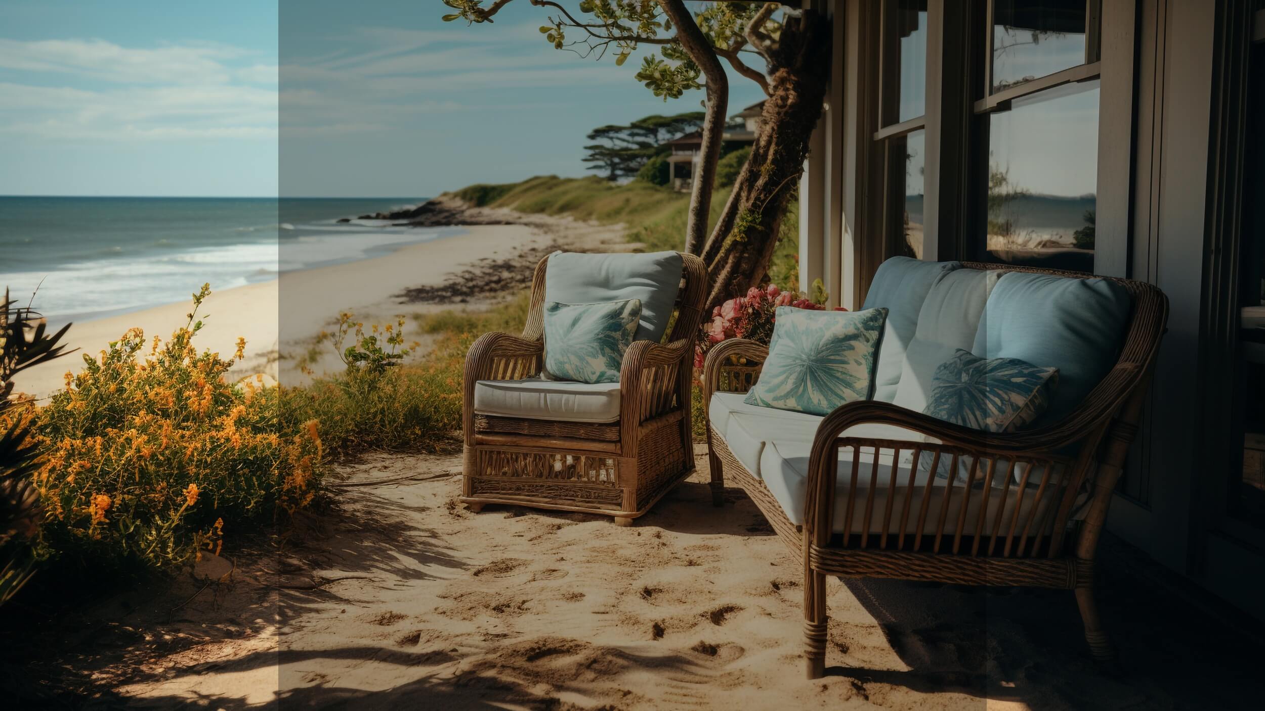 Terrasse en bois au bord d’une plage tropicale déserte, fauteuils en rotin avec coussins imprimés, vue mer turquoise, végétation exotique et lumière douce, ambiance estivale, parfum au monoï, senteur solaire, bord de mer, calme et évasion insulaire.
