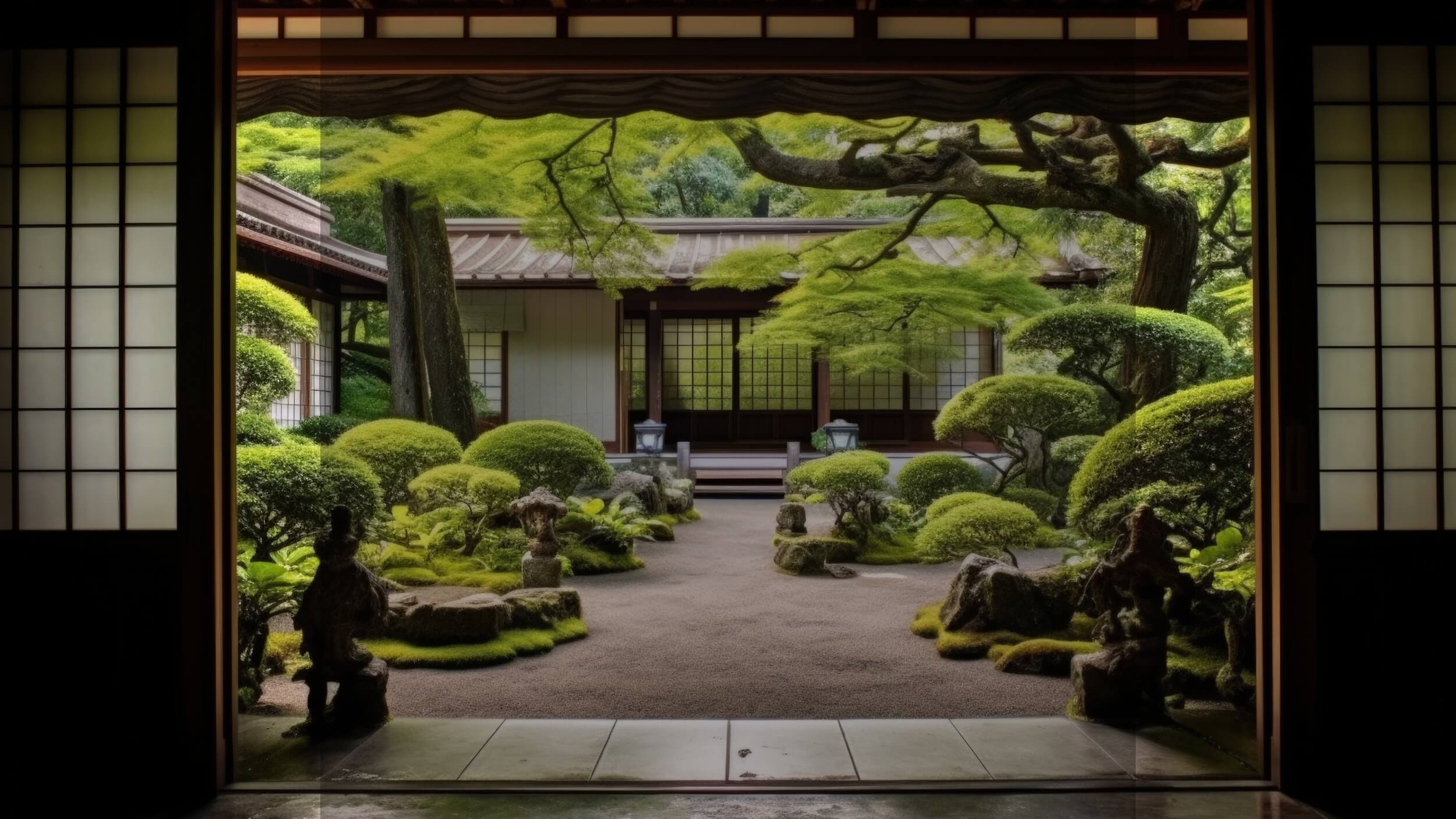 Jardin japonais traditionnel vu depuis l’intérieur d’une maison en bois, arbres taillés, mousse verte, lumière naturelle douce, ambiance zen et minérale, calme et sérénité, inspiration végétale, parfum au thé vert, senteur fraîche et apaisante, univers floral épuré.