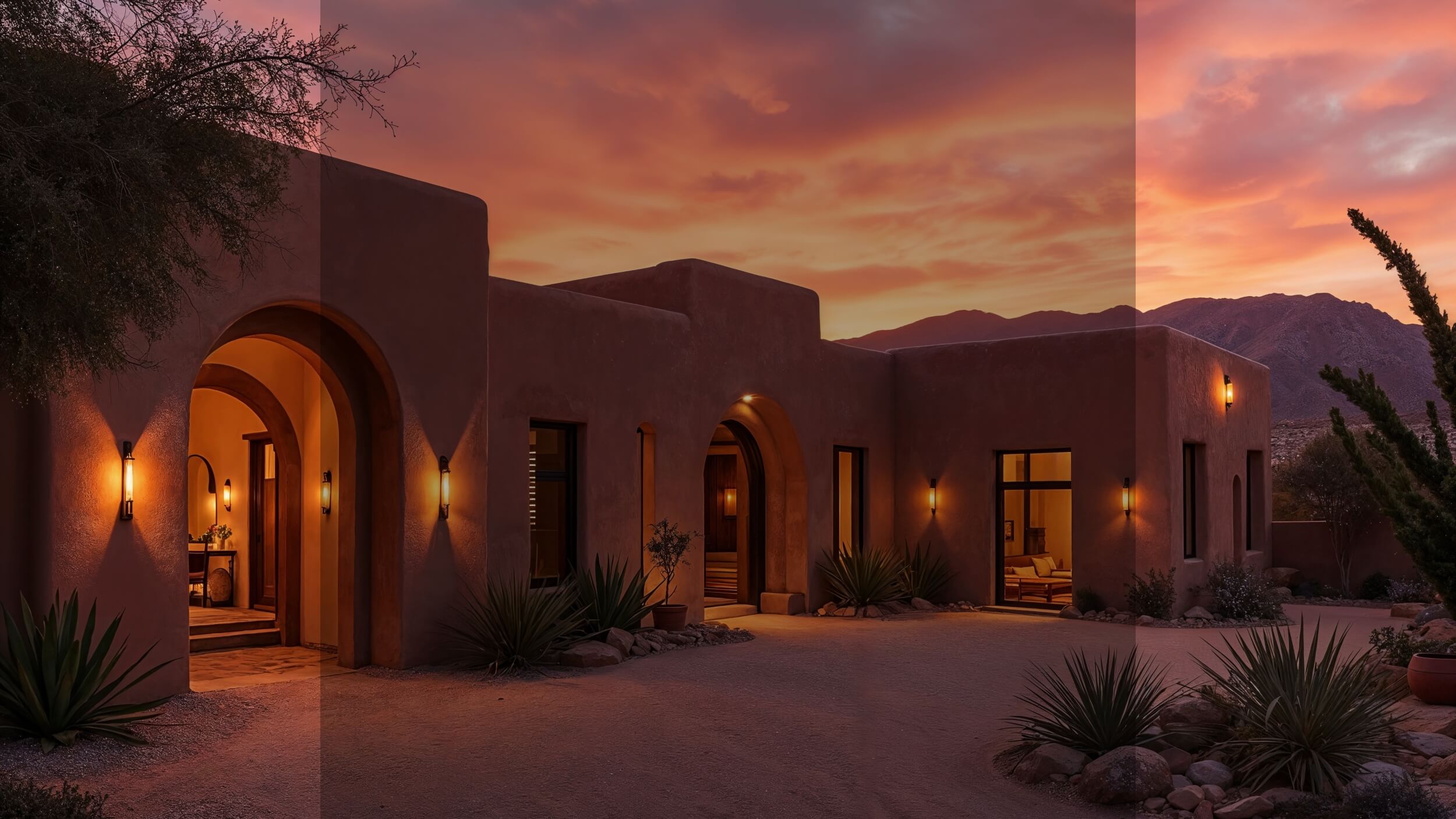Maison en terre cuite au style adobe dans un désert au coucher du soleil, architecture aux arches arrondies, lumière orangée, végétation aride et ciel enflammé, ambiance orientale et chaleureuse, parfum solaire et épicé, senteur du désert, calme doré, fin de journée dans l’immensité saharienne.