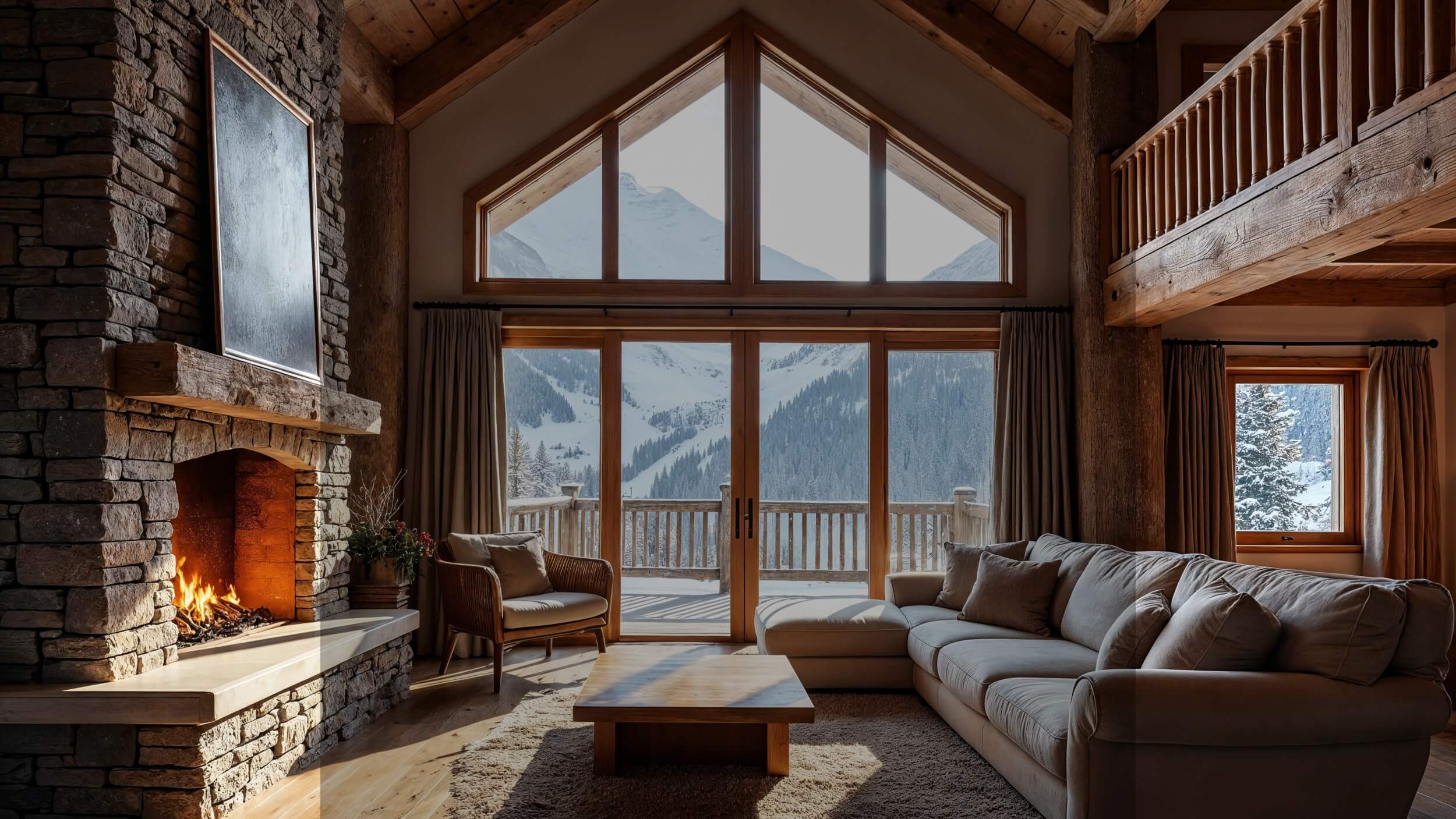 Intérieur de chalet en bois avec cheminée en pierre allumée, grand salon cosy avec vue panoramique sur les montagnes enneigées, lumière d’hiver douce, ambiance chaleureuse et feutrée, décoration alpine, parfum d’ambiance boisé et épicé, senteur cocooning, atmosphère de soirée hivernale, confort alpin, feu de cheminée.